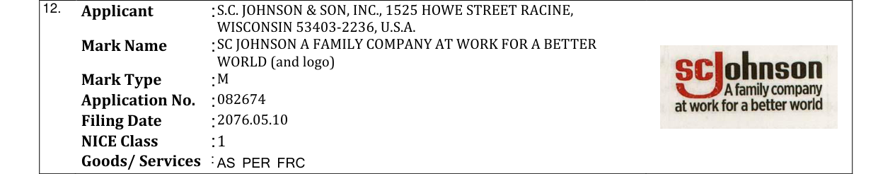 Original bulletin entry for SC JOHNSON A FAMILY COMPANY AT WORK FOR A BETTER WORLD (and logo)