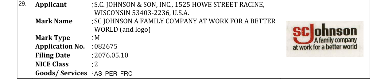 Original bulletin entry for SC JOHNSON A FAMILY COMPANY AT WORK FOR A BETTER WORLD (and logo)