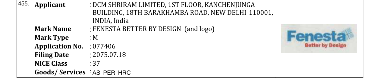 Original bulletin entry for FENESTA BETTER BY DESIGN (and logo)
