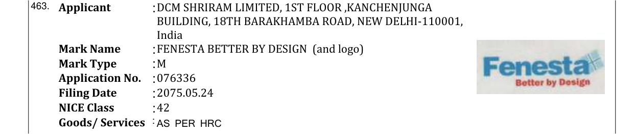 Original bulletin entry for FENESTA BETTER BY DESIGN (and logo)