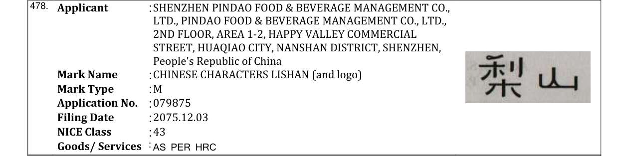 Original bulletin entry for CHINESE CHARACTERS LISHAN (and logo)