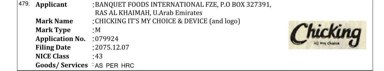 Original bulletin entry for CHICKING IT'S MY CHOICE & DEVICE (and logo)
