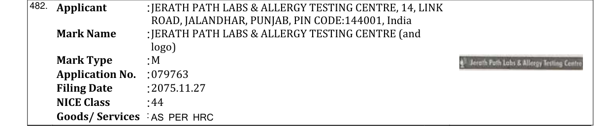Original bulletin entry for JERATH PATH LABS & ALLERGY TESTING CENTRE (and logo)