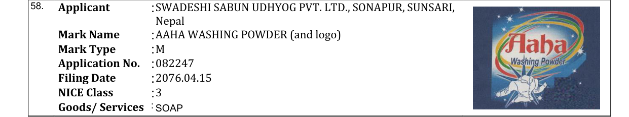 Original bulletin entry for AAHA WASHING POWDER (and logo)