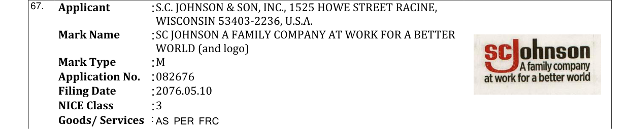 Original bulletin entry for SC JOHNSON A FAMILY COMPANY AT WORK FOR A BETTER WORLD (and logo)