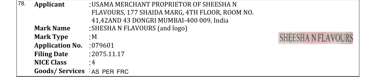 Original bulletin entry for SHESHA N FLAVOURS (and logo)