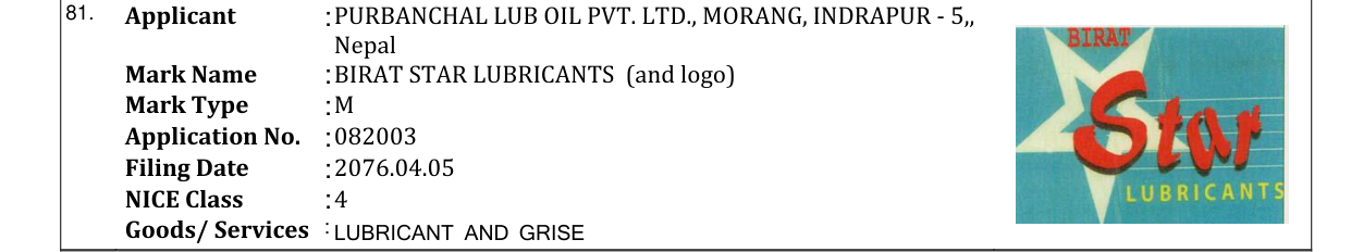 Original bulletin entry for BIRAT STAR LUBRICANTS (and logo)