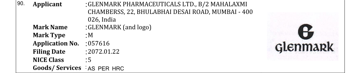 Original bulletin entry for GLENMARK (and logo)