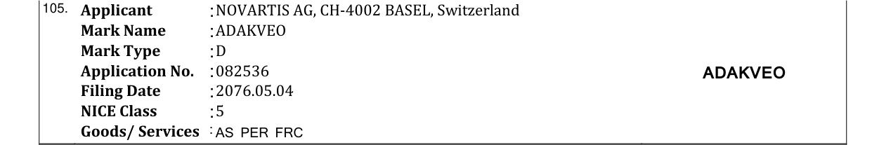 Original bulletin entry for ADAKVEO