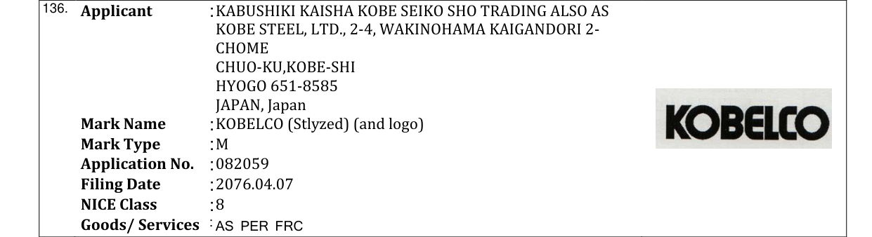 Original bulletin entry for KOBELCO (Stlyzed) (and logo)