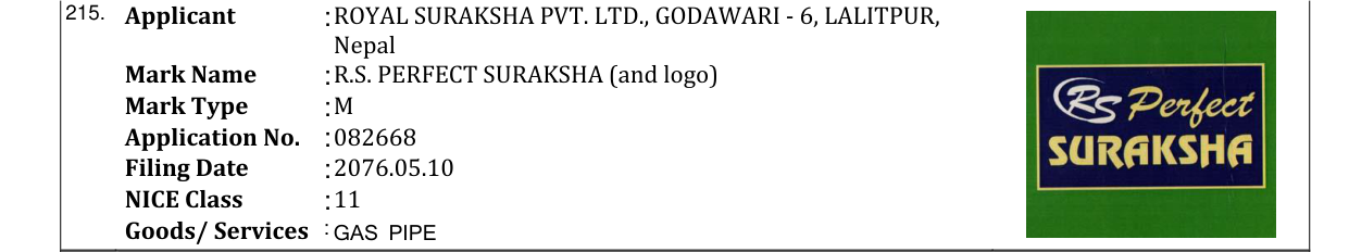 Original bulletin entry for R.S. PERFECT SURAKSHA (and logo)