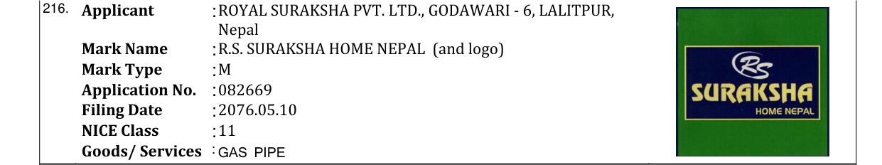 Original bulletin entry for R.S. SURAKSHA HOME NEPAL (and logo)
