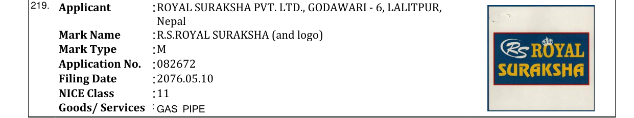 Original bulletin entry for R.S.ROYAL SURAKSHA (and logo)