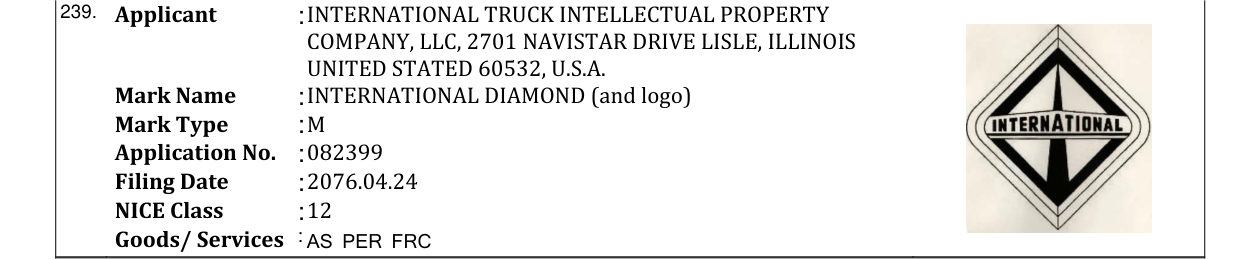 Original bulletin entry for INTERNATIONAL DIAMOND (and logo)