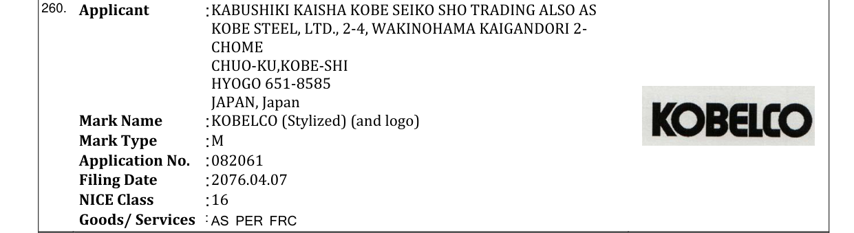 Original bulletin entry for KOBELCO (Stylized) (and logo)
