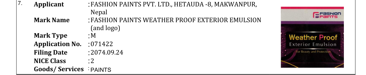 Original bulletin entry for FASHION PAINTS WEATHER PROOF EXTERIOR EMULSION (and logo)