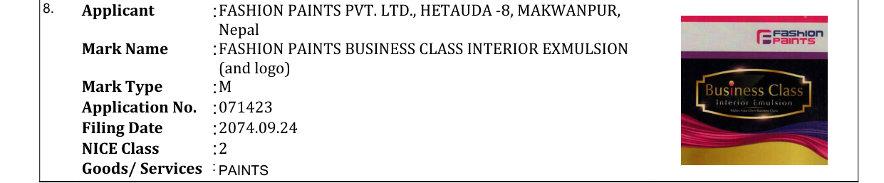Original bulletin entry for FASHION PAINTS BUSINESS CLASS INTERIOR EXMULSION (and logo)