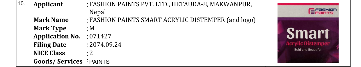 Original bulletin entry for FASHION PAINTS SMART ACRYLIC DISTEMPER (and logo)