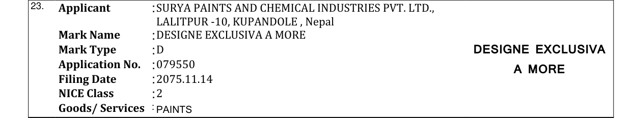 Original bulletin entry for DESIGNE EXCLUSIVA A MORE