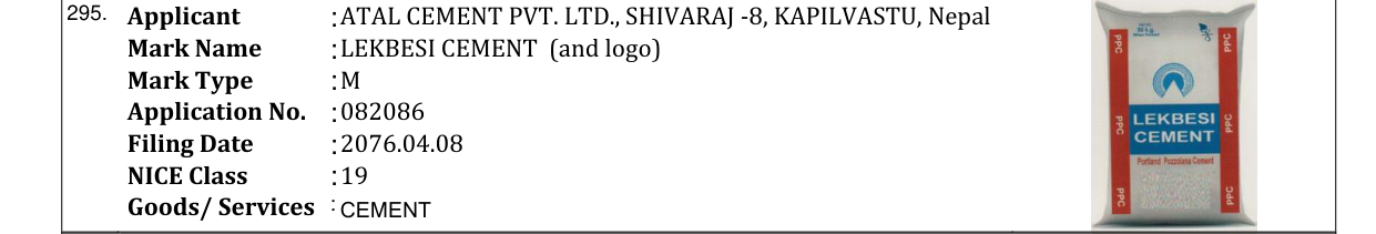 Original bulletin entry for LEKBESI CEMENT (and logo)