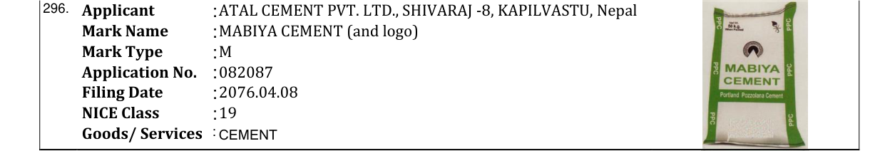 Original bulletin entry for MABIYA CEMENT (and logo)