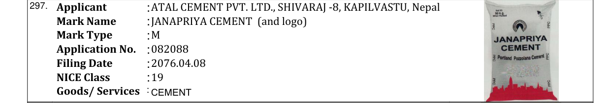 Original bulletin entry for JANAPRIYA CEMENT (and logo)