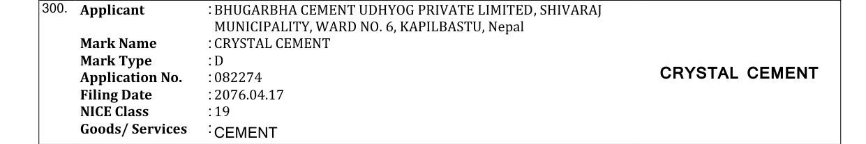 Original bulletin entry for CRYSTAL CEMENT