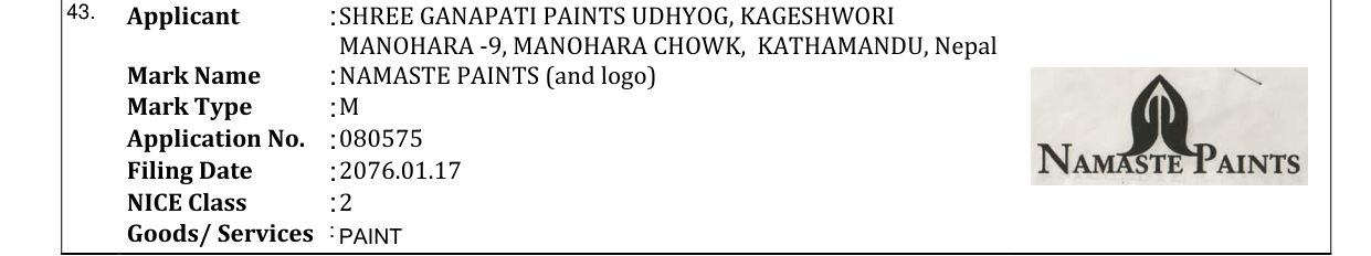 Original bulletin entry for NAMASTE PAINTS (and logo)