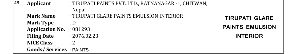 Original bulletin entry for TIRUPATI GLARE PAINTS EMULSION INTERIOR TIRUPATI GLARE