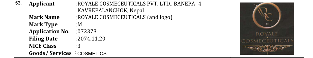 Original bulletin entry for ROYALE COSMECEUTICALS (and logo)