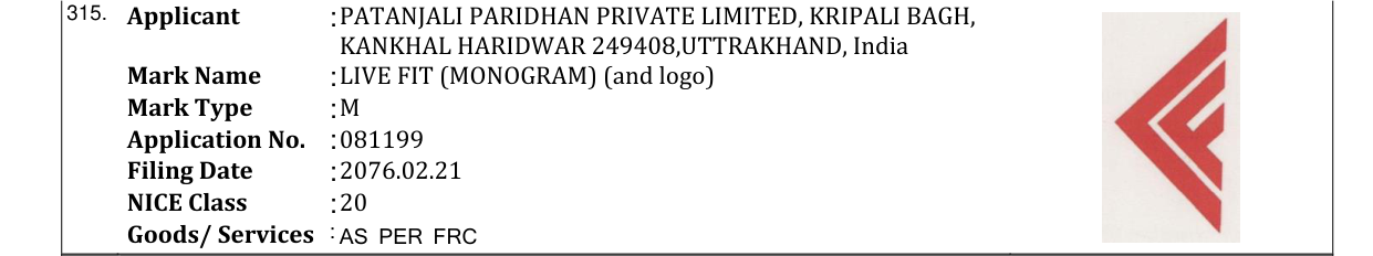Original bulletin entry for LIVE FIT (MONOGRAM) (and logo)