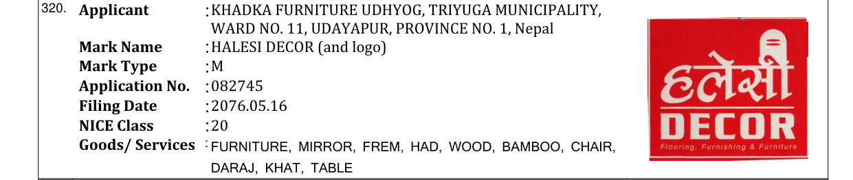 Original bulletin entry for HALESI DECOR (and logo)