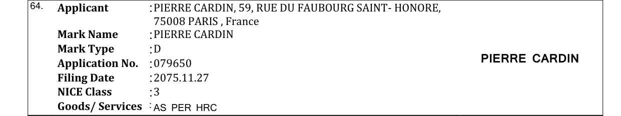 Original bulletin entry for PIERRE CARDIN