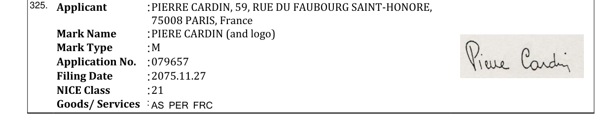 Original bulletin entry for PIERE CARDIN (and logo)