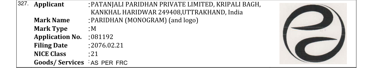 Original bulletin entry for PARIDHAN (MONOGRAM) (and logo)