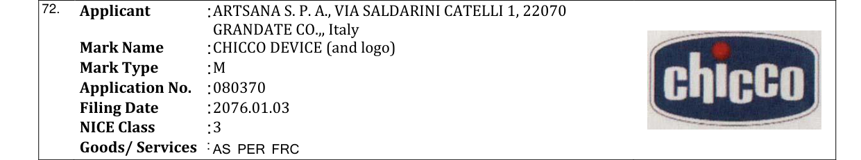 Original bulletin entry for CHICCO DEVICE (and logo)