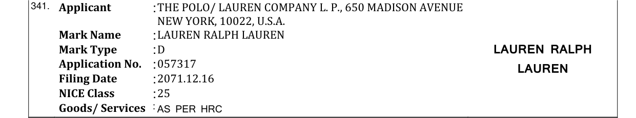 Original bulletin entry for LAUREN RALPH LAUREN
