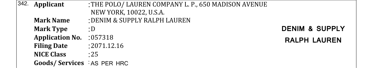 Original bulletin entry for DENIM & SUPPLY RALPH LAUREN