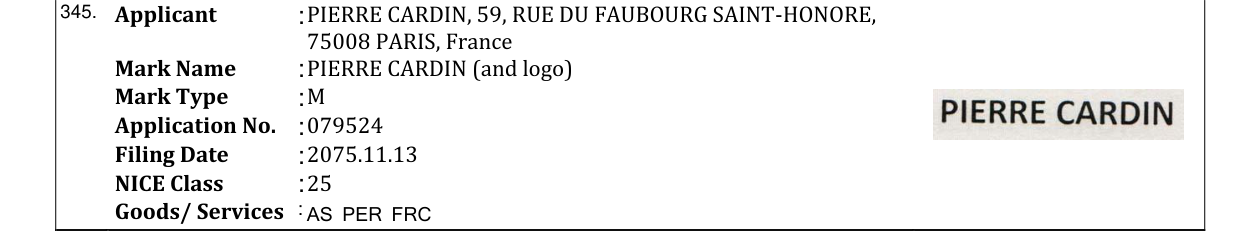 Original bulletin entry for PIERRE CARDIN (and logo)