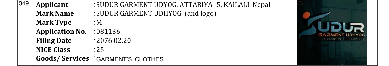 Original bulletin entry for SUDUR GARMENT UDHYOG (and logo)