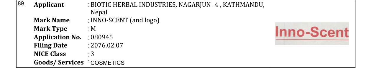 Original bulletin entry for INNO-SCENT (and logo)
