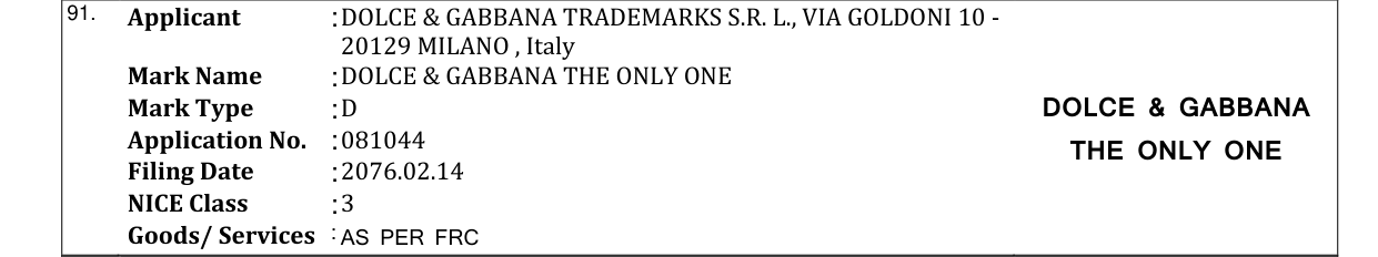 Original bulletin entry for DOLCE & GABBANA THE ONLY ONE