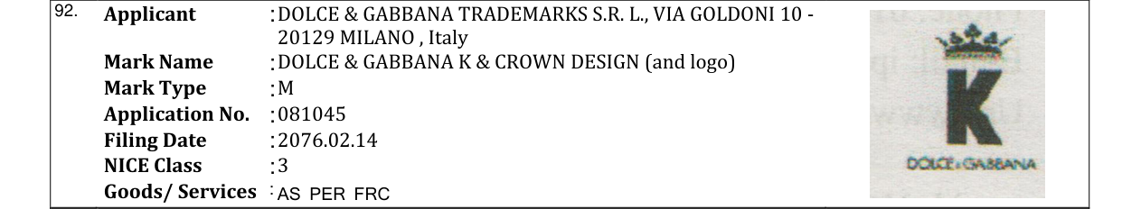 Original bulletin entry for DOLCE & GABBANA K & CROWN DESIGN (and logo)