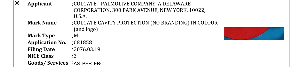Original bulletin entry for COLGATE CAVITY PROTECTION (NO BRANDING) IN COLOUR (and logo)