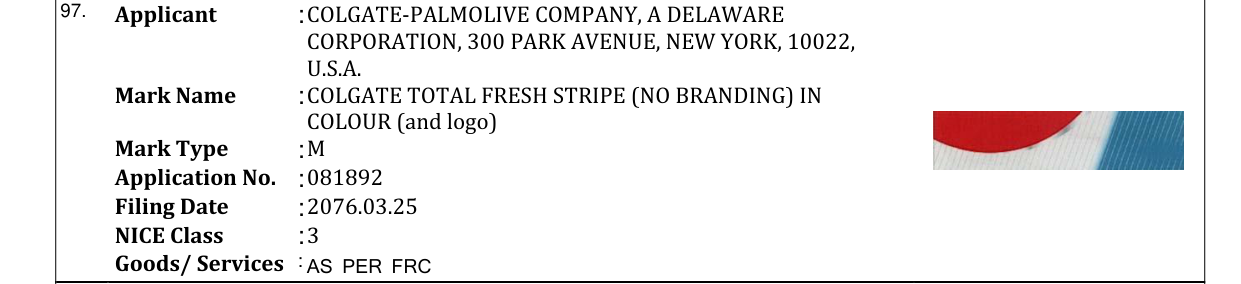 Original bulletin entry for COLGATE TOTAL FRESH STRIPE (NO BRANDING) IN COLOUR (and logo)