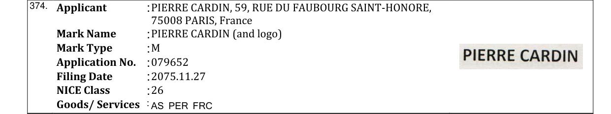 Original bulletin entry for PIERRE CARDIN (and logo)