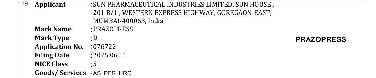 Original bulletin entry for PRAZOPRESS