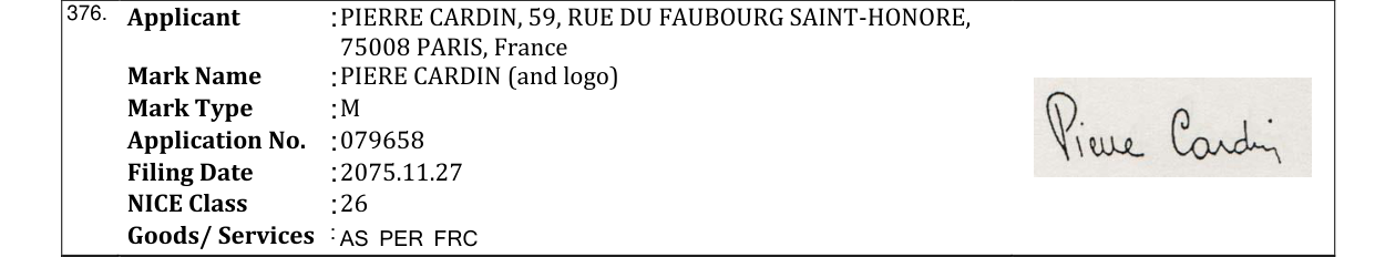 Original bulletin entry for PIERE CARDIN (and logo)