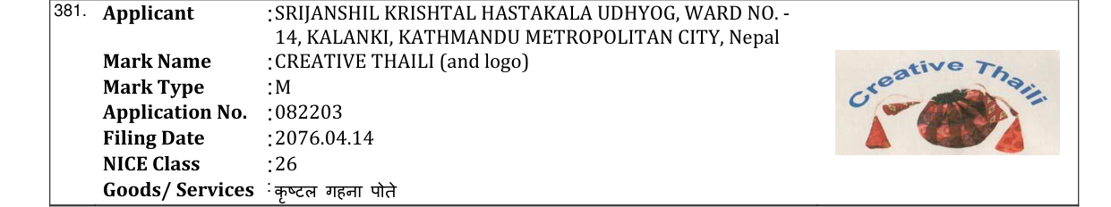 Original bulletin entry for CREATIVE THAILI (and logo)