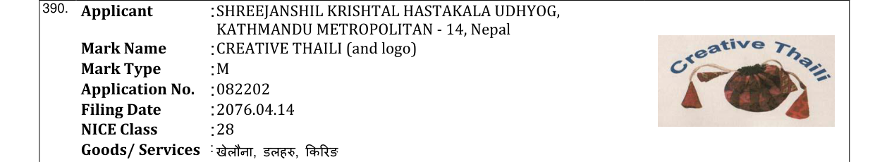 Original bulletin entry for CREATIVE THAILI (and logo)